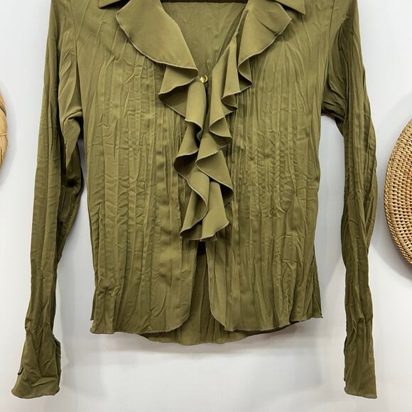 Vintage Y2K 2000s Donna Green Ruffle Button Long Sleeve Blouse Top 6 - Picture 5 of 11